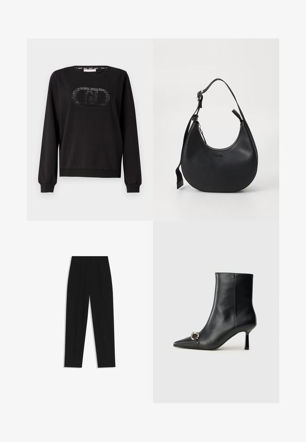 Felpa nera in cotone con maniche lunghe. Presenta un logo testurizzato al centro e un collo rotondo. Tessuto morbido al tatto.; Pantaloni neri a taglio dritto, con doppie pieghe, una texture liscia e un design classico in vita. Nessun hardware o dettaglio visibile.; Stivale alla caviglia in pelle nera con punta affusolata, tacco sottile di media altezza e dettaglio in fibbia argentata sul lato, su sfondo semplice.; Borsa a spalla in pelle nera con forma curva, chiusura con zip e tracolla regolabile. Presenta il logo del marchio impresso sulla parte anteriore.