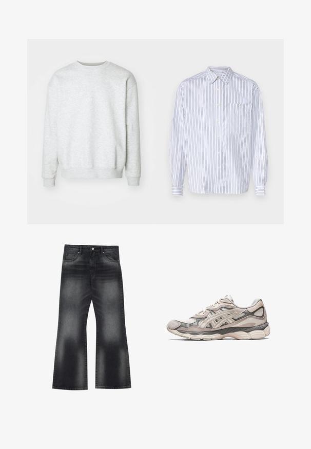 Light grey sweatshirt made from cotton blend. Rounded neckline, long sleeves, ribbed cuffs and hem. Soft texture, minimalistic design without patterns.; White button-up shirt with vertical navy stripes, long sleeves, a chest pocket, and a classic collar. Smooth fabric with a relaxed fit.; Black denim flared jeans with a faded wash, five pockets, and contrast stitching, featuring a slightly wide leg opening.; Light gray athletic shoe with a mesh and suede upper. Features a cushioned sole, pronounced overlays, and a structured design.
