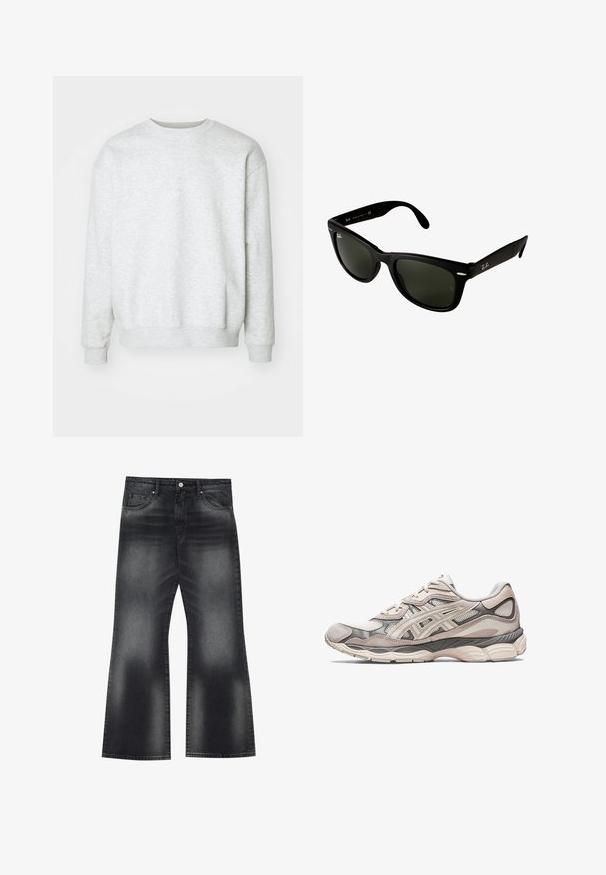Gaiši pelēks džemperis, izgatavots no kokvilnas maisījuma. Apaļa apkakle, garas piedurknes, ribota aproce un apakšmala. Mīksta tekstūra, minimālistisks dizains bez rakstiem.; Balta krekla ar garām piedurknēm un vertikālām tumši zila svītrām, ar krūšu kabatu un klasisku apkakli. Gluda auduma, atvieglota piegrieze.; Melnas denima flared bikses ar izbalējušu krāsu, pieciem kabatām un kontrastējošām šuvēm, ar nedaudz platu kāju atvērumu.; Gaišs pelēks sporta apavs ar acu un zamša augšdaļu. Iespējo samazinātu zoli, izteiktas pārklāšanas un strukturētu dizainu.; Melnās plastmasas saulesbrilles ar tumši zaļiem lēcām. Kvadrāta rāmja dizains ar sudraba akcentiem un izvirpotu logo uz tempļa.