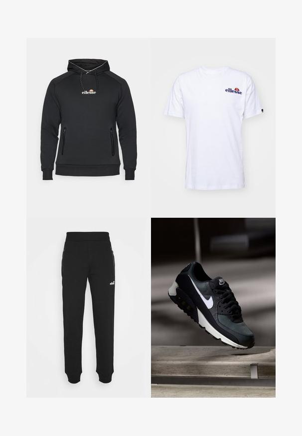 Sweatshirt preto com capuz, feito de uma mistura de algodão, apresentando um logótipo na frente, bolsos laterais com fecho éclair e piping em contraste ao longo do capuz.; Camiseta de algodão branca com mangas curtas, apresentando um logótipo bordado azul-marinho no lado esquerdo do peito e um toque de cor vibrante acima do logótipo.; Calças de treino pretas, feitas de um tecido suave, apresentam um design de perna afunilada, cintura elástica, pockets laterais com fechos éclair, e um pequeno logótipo como detalhe.; Sapatilhas pretas e verdes com um upper de malha padrão, logotipo swoosh branco, colarinho almofadado e uma unidade de amortecimento de ar visível na sola.