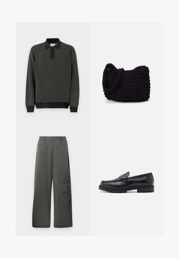 Dark gray patterned long-sleeve polo shirt with a black collar, three-button placket, and ribbed cuffs at the sleeves and hem.; Wide-leg, pinstriped trousers in dark gray fabric, featuring front pockets and a black decorative print on the left side.; Black leather loafers with a smooth finish, round toe, a decorative strap with gold hardware, and a rugged black sole.; Black fabric bag with a textured, quilted pattern. Rounded shape, short, thick handles, and a soft, flexible structure.