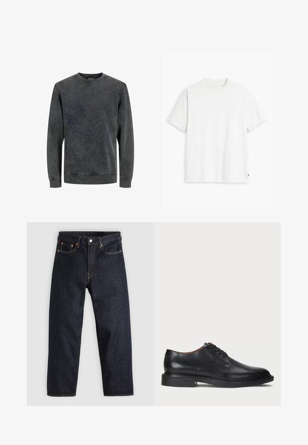 Grijze ronde hals sweatshirt met lange mouwen, gemaakt van een zachte, gestructureerde stof. Heeft een vervaagd, gewassen effect en eenvoudige stikdetails.; Wit katoenen T-shirt met korte mouwen, ronde hals en een subtiel "Levi's" logo in een lichte kleur op de voorkant gedrukt.; Donkerblauwe denim jeans met een rechte snit, vijf zakken, contrasterende oranje stiksels en een knoopsluiting. Geen zichtbare patronen of versieringen.; Zwart leren dresschoen met een ronde neus, vetersluiting en een lage gestapelde hak. Gladde textuur met minimale stiksels.