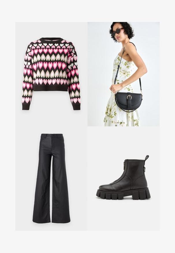 Kratka jopica v črni barvi z barvitim vzorcem srca v roza in zeleni barvi. Ima pleteno teksturo in rebraste manšete. Okrogla ovratnica.; Črne, širokoglede hlače iz umetnega usnja. Imajo visok pas, zanke za pas, dva sprednja žepa in šivano detajliranje.; Črne usnjene gležnjarje z debelim, rebrastim podplatom, stransko zadrgo in zankico na zadnjem delu. Gladka tekstura in minimalističen dizajn.; Črna usnjena torbica s ukrivljeno obliko, z odstranljivo naramnico in zlatimi dodatki. Torbica ima pokrov s podrobnostmi v obliki zaponke.