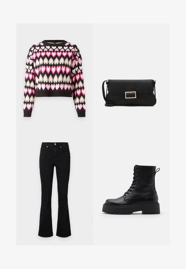 Cropped sweater in black with a colorful heart pattern in pink and green. Knit texture and ribbed cuffs present. Round neckline.; Black flared jeans made of denim, featuring a mid-rise waist, front pockets, and button closure. Smooth texture with minimal stitching details.; Black leather ankle boots with a round toe, lace-up front, and a thick rubber sole featuring a textured tread. Pull tab at the back.; Black leather clutch bag with a flap and a gold metal buckle detail. Includes a black strap and a sleek, minimalist design.