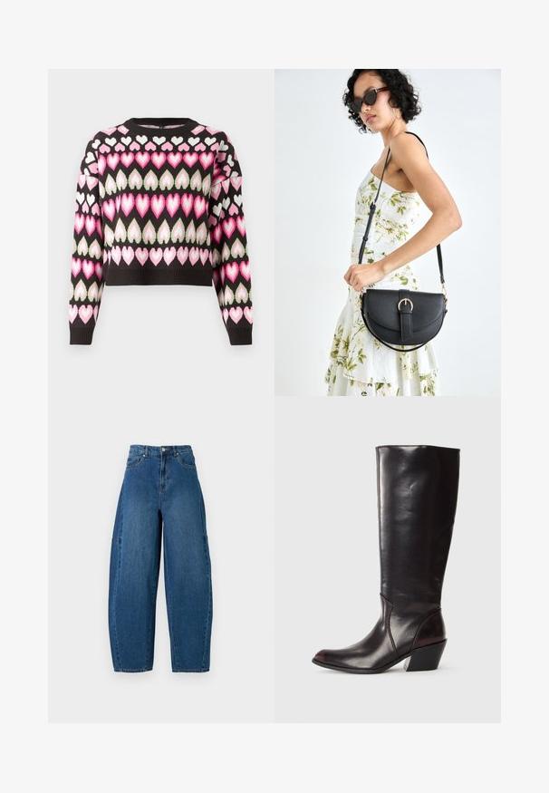 Cropped sweater in black with a colorful heart pattern in pink and green. Knit texture and ribbed cuffs present. Round neckline.; Denim jeans in a medium blue wash, featuring a high waist, wide leg cut, and standard five-pocket design with visible stitching details.; Knee-high, dark brown leather boot with a pointed toe, angular block heel, and smooth, glossy texture. Features a clean design and stitch detailing.; Black leather handbag with a curved shape, detachable strap, and gold hardware. The bag features a flap with a buckle detail.