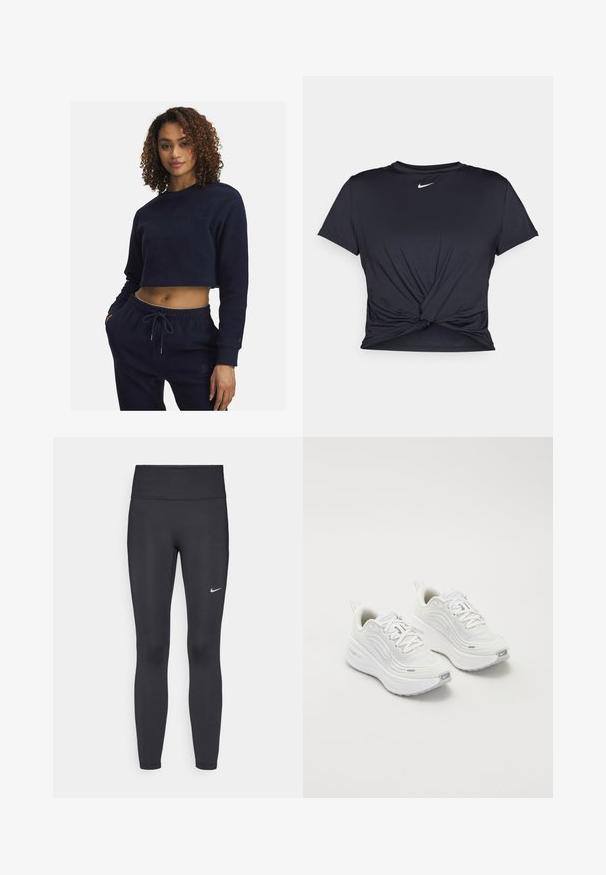 Felpa blu navy a bum short in morbido tessuto con maniche lunghe, caratterizzata da un collo tondo e dettagli ricamati discreti. Abbinata a pantaloni coordinati.; Maglietta atletica nera realizzata in tessuto liscio, con un design anteriore annodato e un piccolo logo Nike bianco sul petto.; Leggings neri realizzati in tessuto elasticizzato, con una vita alta e un logo Nike bianco sulla coscia sinistra. Tessuto liscio, design aderente.; Scarpe da ginnastica bianche con tomaia in rete testurizzata, suola ammortizzata e sottili dettagli grigi. Comprendono il branding e una linguetta sul tallone per una facile calzata.