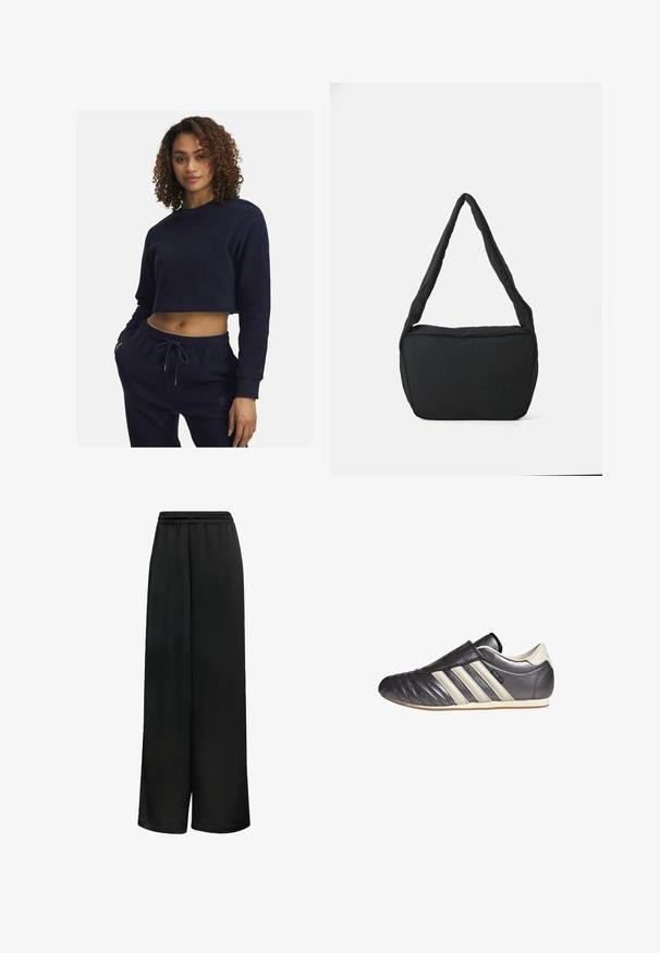 Granatowa, krótka bluza wykonana z miękkiego materiału, z długimi rękawami, okrągłym dekoltem oraz subtelnymi haftowanymi detalami. W komplecie ze spodnimi w tym samym kolorze.; Czarne spodnie o szerokich nogawkach wykonane z gładkiego materiału, z elastycznym pasem i luźnym krojem dla wygody. Brak wyraźnych wzorów lub akcentów.; Czarno-szare sportowe buty skórzane z zaokrąglonym noskiem, konstrukcją typu slip-on oraz trzema białymi paskami akcentującymi po boku. Płaska gumowa podeszwa.; Czarna torba na ramię o miękkiej teksturze, zaokrąglonym kształcie i szerokim pasku, z wytłoczonym logo z przodu.