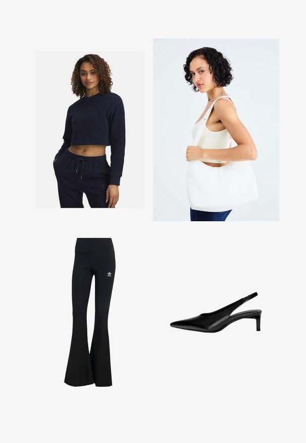 Felpa blu navy a bum short in morbido tessuto con maniche lunghe, caratterizzata da un collo tondo e dettagli ricamati discreti. Abbinata a pantaloni coordinati.; Leggings flared neri a coste con una vita alta, caratterizzati da un piccolo logo Adidas bianco sul lato sinistro superiore. Tessuto morbido.; Scarpa slingback in pelle nera con punta affilata, tacco basso e design a taglio sui lati. Texture liscia con un aspetto elegante.; Borsa a spalla bianca realizzata in materiale morbido, con un ritaglio ovale e un design a tracolla ampia. Semplice e moderna, senza hardware visibili.