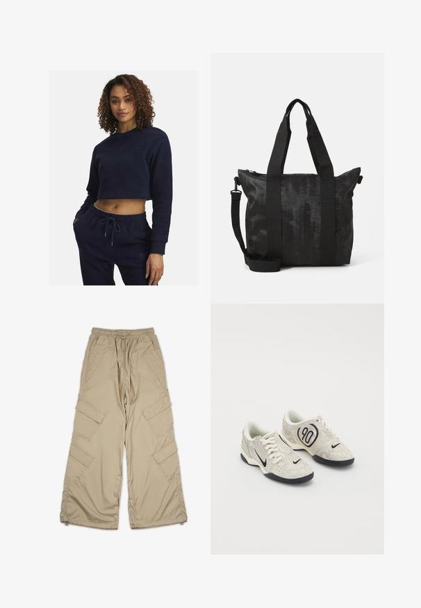 Navy blue cropped sweatshirt in soft fabric with long sleeves, featuring a round neckline and subtle embroidered detailing. Paired with matching pants.; Beige cargo pants with a drawstring waist, multiple side pockets, and a relaxed fit. Made of lightweight, smooth fabric with stitching details.; Nike sneakers with a beige and gray textured upper, black accents, a large "90" logo, and a white lace-up closure. Black sole.; Black tote bag with textured fabric, dual top handles, and a detachable shoulder strap. Features a zippered closure for secure storage.