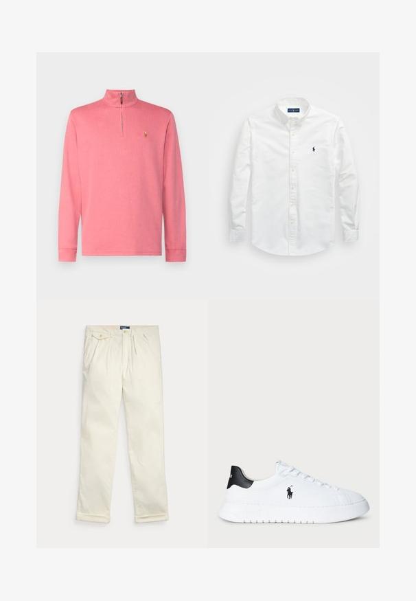 Polo Ralph Lauren ESTATE RIB QUARTER ZIP PULLOVER - Strikkegenser - adirondack berry; Hvit skjorte med knapper laget av bomull. Har spiss krage, lange ermer og en liten marineblå logo på brystet. Glatt tekstur.; Kremfargede kordfløyelsbukser med folder, sidelommer, knapplomme med klaff og brettede mansjetter, lagt flatt på hvit bakgrunn.; Hvit lavt beskåret sneaker med svart hælflik og svart Polo Ralph Lauren-logo på siden, med hvite lisser og tykk gummisåle.