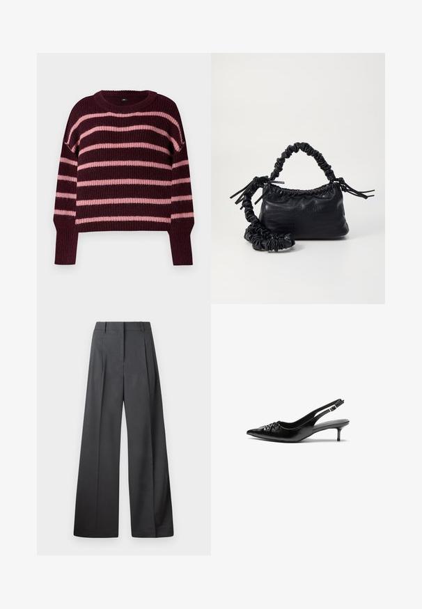 Suéter cor bordeaux com riscas horizontais cor-de-rosa. Textura tricotada, decote arredondado e punhos canelados. Ombros caídos. Design boxy.; Calças de perna larga em tecido cinza escuro, apresentando uma cintura alta, pregas simples e uma textura suave com um acabamento limpo nas bainhas.; Sapatos de salto alto slingback em couro preto com bico fino, pequeno salto kitten e um detalhe decorativo em forma de nó na parte da frente. Textura suave em toda a parte.; Bolsa de mão em couro sintético preto com textura de crocodilo, topo franzido e alça enrugada. Apresenta um design suave e compacto.