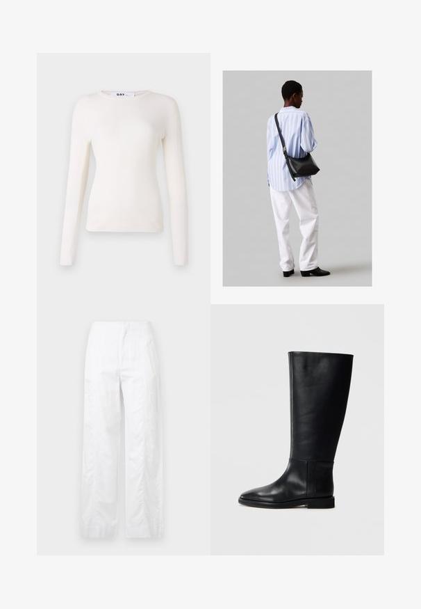 Hosszú ujjú, bordázott fehér felső kerek nyakkivágással, puha tapintással és testhezálló kialakítással. Nincs látható rögzítőelem vagy minta. Simaság jellemzi.; Fehér, széles szárú nadrág könnyű anyagból, sima textúrával, letisztult vonalakkal és magasderék kialakítással.; Fekete bőrből készült, térd fölé érő csizma, lekerekített orral, sima felülettel, minimalista dizájnnal és lapos talppal. Egyszerű varrási részletek a szárán.; Fekete bőr válltáska puha tapintással, háromszög alakú, állítható pánttal, világoskék csíkos inggel és fehér nadrággal párosítva.