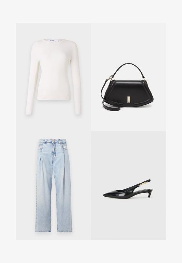 Maglia bianca a maniche lunghe, a costine, con scollatura rotonda, morbida al tatto e dal design aderente. Senza hardware o motivi visibili. Finitura liscia.; Jeans in denim azzurro chiaro con vita alta, taglio a gamba larga, due tasche laterali e design plissettato. Texture morbida con una finitura sbiadita.; Tacchi slingback in pelle nera con punta affusolata, caratterizzati da un tacco alto e un accento dorato sulla cinghia regolabile. Texture liscia.; Borsa a mano in pelle nera con un design strutturato, caratterizzata da una forma corta, manico superiore e accessori in metallo dorato. Inclusa tracolla regolabile.