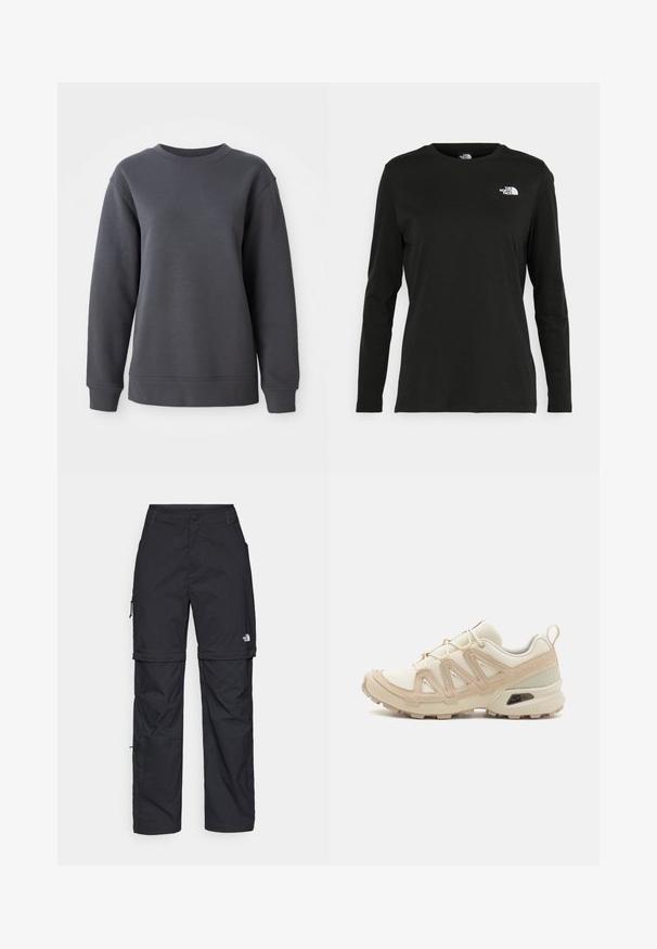 Textúrált anyagból készült szürke pulóver, kerek nyakkivágással, hosszú ujjal, bordázott mandzsettaszegéllyel és aljjal, lazább fazonnal.; Fekete, hosszú ujjú póló pamutból, kerek nyakkal. A bal mellrészen egy kis fehér logó található. Egyszerű dizájn és szabás.; Fekete nylon zipzáras cargo nadrág állítható mandzsettával, több zsebbel és logóval a jobb lábon. Simább, könnyű textúra.; Beige és krém színű sportcipő, texturált hálós felsőrésszel, támogató burkolattal és gumitalppal, amely tapadás érdekében bordázott mintázattal rendelkezik.