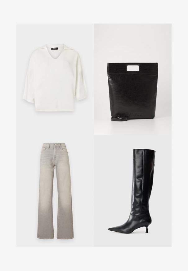White V-neck knitted top with short sleeves and a relaxed fit. Smooth texture with a minimalist design and no visible embellishments.; Gray wide-leg jeans with a faded finish, button closure, five-pocket design, and stitched detailing along the seams.; Black leather knee-high boot with a pointed toe and slim curved heel. Smooth texture, fitted design, and no visible hardware or patterns.; Black leather tote bag with a square handle, featuring a textured finish and embossed logo. Includes a detachable strap.