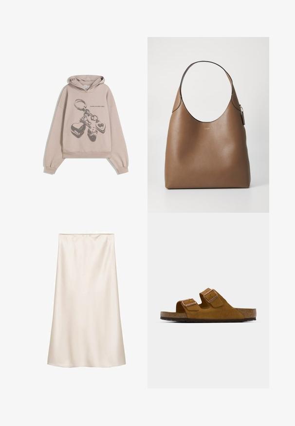 Grote beige hoodie met een grafische weergave van een sleutelhanger met harten en dobbelstenen. De stof lijkt zacht met een gestructureerde afwerking.; Satijnen midi-jurk in off-white, rechte snit met een elastische tailleband, gladde textuur en geen zichtbare patronen of accenten.; Bruine suède slide-sandaal met twee verstelbare banden, kurken voetbed en een gestructureerde rubberen zool. Minimalistisch ontwerp zonder verdere versieringen.; Bruine leren tote bag met een gladde textuur, brede opening en een enkele schouderband. Beschikt over een gouden logo en een klein hanglabel.