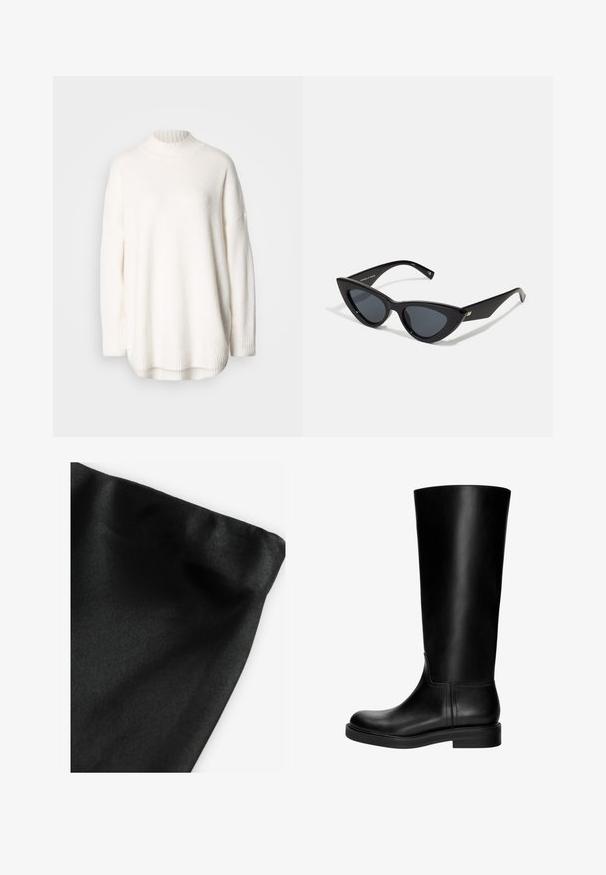 Vitt stickad tröja med ribbad hög krage, nedhasade axlar och sidslitsar vid fållen. Gjord av mjukt, texturerat tyg.; Svart tyg med en slät textur, med en vikt kant. Materialet har en svag lyster och en enhetlig yta utan mönster eller dekorationer.; Svarta läderstövlar i knähöjd med en slät textur, rund tå, diskret design och en låg klack. Ingen synlig hårdvara eller mönster.; Kattöga solglasögon med en glänsande svart plastram, mörka linser och guldaccentdetaljer vid bågarna. Vinklad design med eleganta linjer.