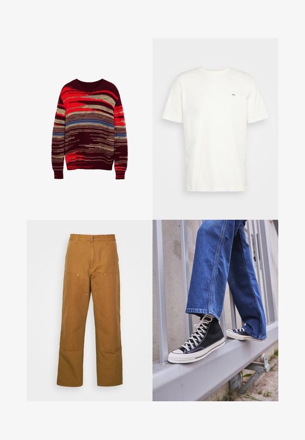 Stickad tröja med rund halsringning, prydd med en blandning av röda, gyllene, blå och vinröda horisontella ränder i olika bredder och texturer.; Vit bomull t-shirt med rund halsringning, korta ärmar och en liten svart "W.W." logotyp på vänster bröst. Slät textur, vanlig passform.; Bruna bomullspanngor med rak bendesign, som har framfickor och metallackenter för ökad hållbarhet.; Svarta högskurna sneakers med vit sula och snören, tillsammans med lösa blå jeans, vilande på ett grått räcke.