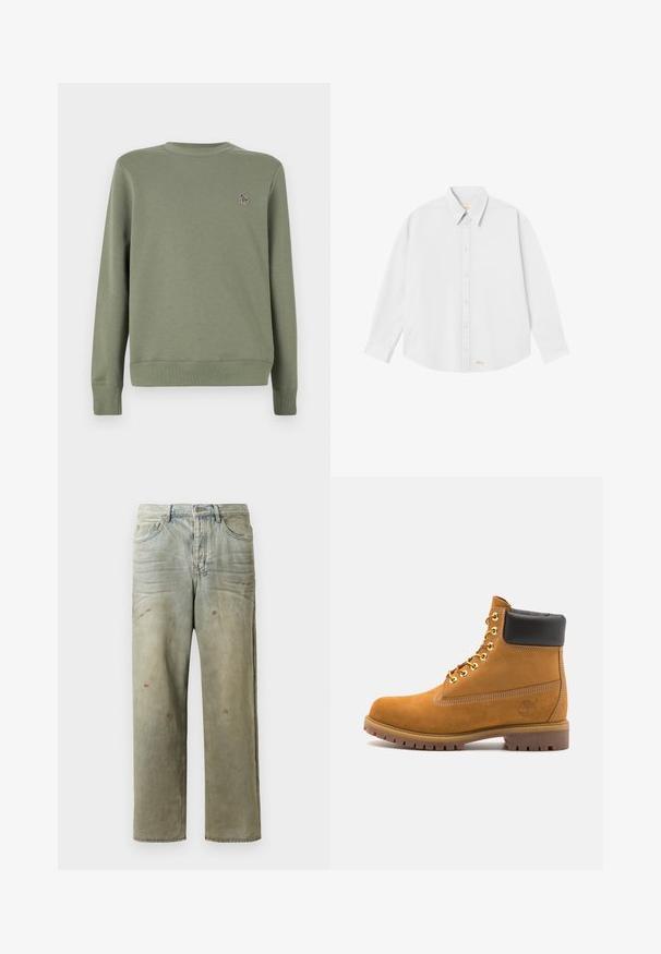 Olivovozelená mikina vyrobená z mäkkej bavlnenej zmesi. Má dlhé rukávy, okrúhly výstrih a malé vyšívané logo na hrudi.; Biela košeľa s gombíkmi a klasickým golierom, dlhými rukávmi a zaobleným lemom; obsahuje malé oranžové logo na dolnej ľavej strane.; Zničené džínsy vo svetlozelenej farbe s rovnými nohavicami, piatimi vreckami a nerovnomerným vyblednutím so škvrnami od farby.; Tyrkysové semišové členkové topánky s čiernym polstrovaným golierom, zlatými kovovými očkami, bielym prešívaním a robustnou gumovou podrážkou s výraznými drážkami.