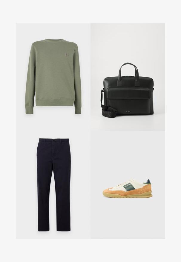 Felpa verde oliva realizzata in morbido cotone misto. Presenta maniche lunghe, colletto rotondo e un piccolo logo ricamato sul petto.; PS Paul Smith TROUSER - Chino - dark blue; Sneaker atletico bianco e beige in materiali scamosciati e in pelle. Striscia accentuata verde, suola in gomma e logo minimal in oro sul lato.; Valigetta in pelle nera con manici superiori doppi, una tasca frontale e una tracolla staccabile, con un sottile marchio in fondo.