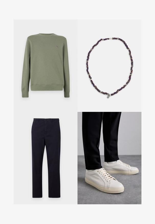 Sweatshirt vert olive en mélange de coton doux. Il présente des manches longues, un col rond et un petit logo brodé sur la poitrine.; PS Paul Smith TROUSER - Chino - dark blue; Baskets en cuir beige clair avec des lacets plats, une surface texturée et une semelle en caoutchouc crème contrastante, associées à un pantalon noir fuselé.; Collier en perles multicolores avec des perles bleu foncé, rouge et jaune, entrecoupées d'accents en argent et d'un charme pendentif.