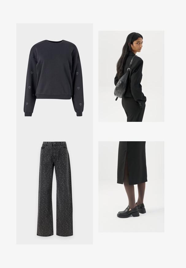 Sudadera negra hecha de un tejido suave, con mangas largas adornadas con pequeños corazones de strass en los brazos exteriores y un cuello redondo.; Noisy May NMJANNEL LOOSE - Vaqueros boyfriend - black denim; Zapatos de piel negra con punta redondeada, tacón grueso y bloque, y acentos elásticos en los laterales, combinados con unos pantys oscuros y una falda negra con una abertura.; Mujer con cabello largo y oscuro vestida con un traje negro, llevando un bolso de cuero negro al hombro, mirando por encima de su hombro contra un fondo blanco.; Pendientes de aro plateados con un diseño minimalista. Forma circular, textura suave y perfil delgado. Livianos con un acabado pulido.