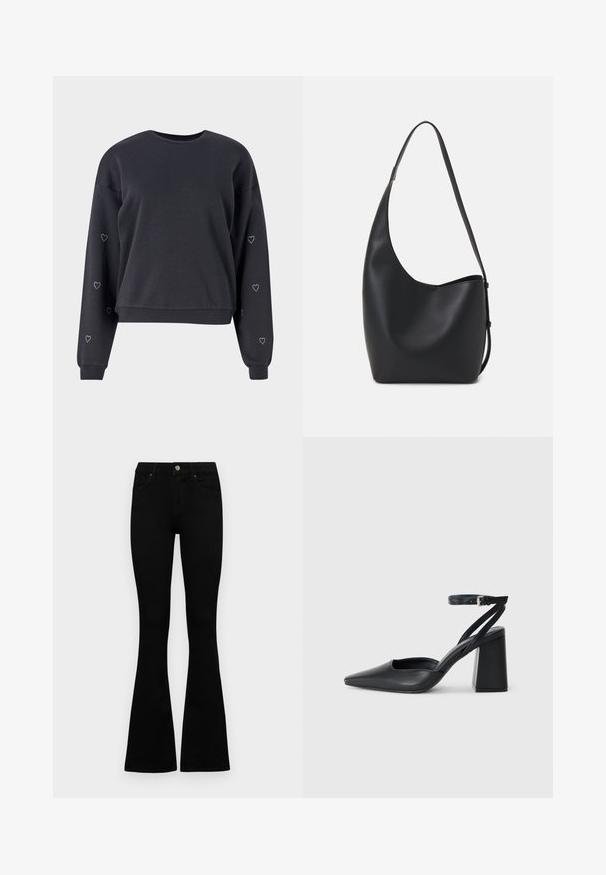 Must mustra, mis pehmeast kangast, millel on pikad varrukad ja väikesed rhinestone südame aksessuaarid välisvarrukatel ning ümmargune kaelus.; Mustad kõrge vöökohtadega teksad, millel on nööp ja lukuga sulgemine, esikäe taskud ja laienevad sääred, asetatud tasasele valgele taustale.; Mustmustest must-käigukingad, millel on konksuga nöör ja paks konts. Ühtlane tekstuur, stiilne disain ja minimalistlik esteetika.; Mustast nahast hobo kott, millel on sile tekstuur, kumer kuju ja üks reguleeritav rihm; peal on lai avaus.