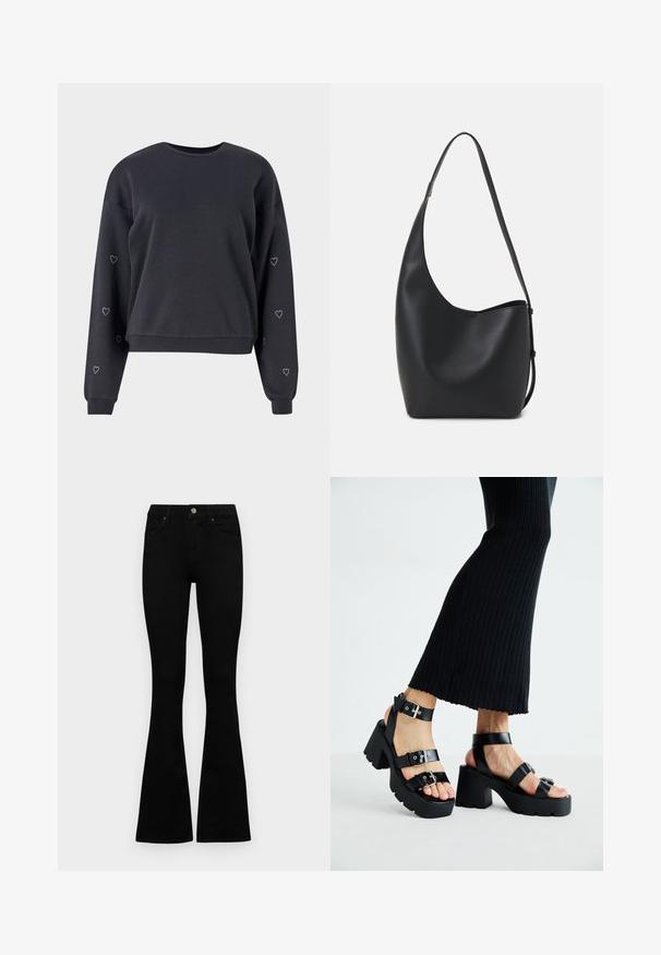 Fekete pulóver puha anyagból, hosszú ujjakkal, az ujjak külső részén apró strasszköves szív díszítéssel és kerek nyakkal.; Fekete, magas derekú farmernadrág gomb- és cipzárzárral, elülső zsebekkel és harangszárral, laposan egy fehér háttérre terítve.; Fekete platform szandálok vastag, barázdált talppal és több pánttal, fém csatokkal, sima bőrhatású textúrával.; Fekete bőr hobo táska sima textúrával, ívelt formával és egyetlen állítható pánttal; széles nyílás található a tetején.