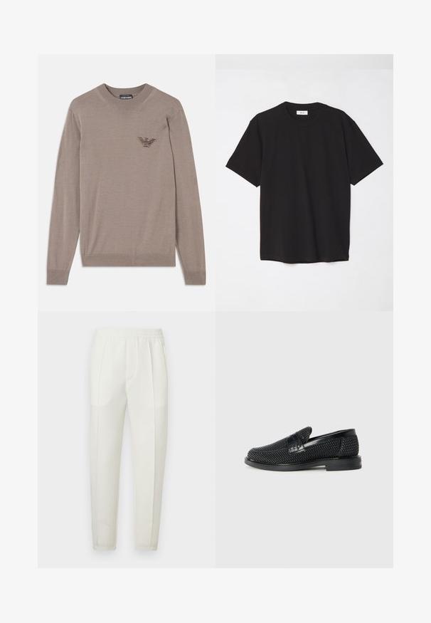 Beige genser med lange ermer, rund hals, ribbestrikket kant, og et brodert logo på brystområdet. Laget av et mykt, lett materiale.; Svart bomull T-skjorte med rund hals, korte ermer og avslappet passform. Enkel design, glatt tekstur, og ingen synlige mønstre eller logoer.; Hvite smale bukser med elastisk midjebånd, med to sidelommer og en glatt, litt skinnende tekstur.; Sorte vevde slip-on sko med en glatt lærdetalj på overdelen, design med rund tå og en lavprofil gummisåle.