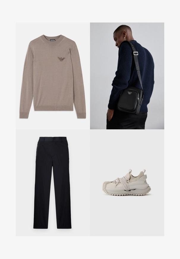 Beżowy sweter z długimi rękawami, okrągłym dekoltem, prążkowanym dołem oraz haftowanym logo na wysokości klatki piersiowej. Wykonany z miękkiego, lekkiego materiału.; Czarne spodnie wykonane z lekkiego, teksturowanego materiału, o prostym kroju, z elastycznym paskiem i bocznymi kieszeniami na zamek.; Jasnoszare sneakersy z teksturowaną podeszwą, elastycznymi paskami i wyściełanym kostką. Zaprojektowane z okrągłym czubkiem i minimalistyczną sylwetką.; Czarna skórzana torba na ramię z zamykaną kieszenią, detalem z logo i regulowanym paskiem z logo. Nosi ona na tle teksturowanego granatowego swetra.
