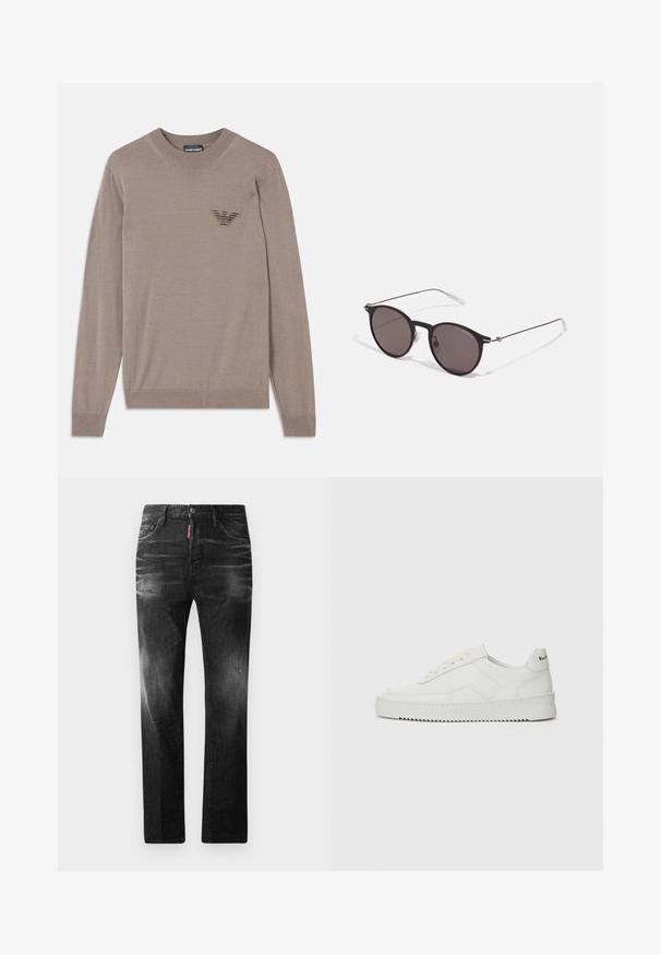 Beige színű pulóver hosszú ujjal, kerek nyakkal, bordázott aljjal és hímzett logóval a mellkas területén. Puha, könnyű anyagból készült.; Fekete farmernadrág egyenes szabással. Fakadó területek, kisebb kopások, klasszikus öt zsebes kialakítás és gombos zárás jellemzi.; Fehér bőr sportcipő sima felülettel, kerek orral, lapos fűzőkkel és texturált talppal. Finom logó található a sarokon.; Fekete kerek napszemüveg sötét lencsékkel és karcsú fém szárakkal. Átlátszó szárvégeket és ezüst részleteket tartalmaz az ívnél. Minimalista dizájn.