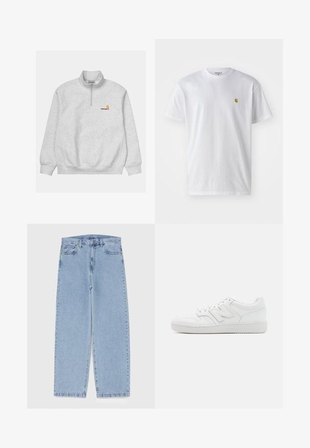 Jasnoszara bluza z ćwierć zamkiem i kołnierzem. Posiada ściągacze na rękawach i w pasie oraz małe pomarańczowe i żółte logo na klatce piersiowej.; Biała bawełniana koszulka z krótkim rękawem, okrągłym dekoltem, z małym złotym logo na lewej części klatki piersiowej. Miękka textura i regularny krój.; Jasnoniebieskie dżinsy o prostym kroju nogawki, z średnim stanem, pięcioma kieszeniami oraz zapięciem na guzik i zamek błyskawiczny.; Białe sneakersy z gładkiej skóry, z perforowanym noskiem, teksturowaną gumową podeszwą, płaskimi sznurówkami i wyraźnym logo 'N' z boku.