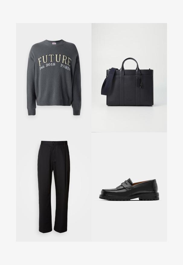 Dark gray knit sweater with ribbed cuffs and hem, featuring "FUTURE Est. 2018 PARIS" embroidered across the chest in beige and white.; Black trousers with a straight cut, made of lightweight fabric. Features a front button closure and two side pockets; smooth texture.; Black leather loafers feature a raised seam, two decorative straps on the upper, and a thick textured sole for added grip.; Dark navy leather briefcase with dual top handles and a detachable strap. Features textured finish, vertical stitching, and logo detail.