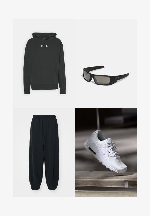 Melnā kapučjaka, kas izgatavota no mīksta auduma, ar priekšējo kabatu, ribotām piedurknēm un izceltu ovālu logotipu centrā uz krūtīm.; Melnas sporta bikses ar elastīgu jostasvietu, brīvu piegriezumu, aprocēm ap potītēm, gludu tekstūru, un bez redzamām rakstu vai aparatūras akcentiem.; Baltas Nike Air Max 90 sporta apavi ar sietu un ādas augšdaļu, caurspīdīgu pirksta daļu un redzamu gaisa vienību papēdī.; Melni saulesbrilles ar matētu apdari, taisnstūra lēcām, nedaudz izliektiem tempļiem, smalkiem logotipa elementiem un dūmu nokrāsas lēcām.