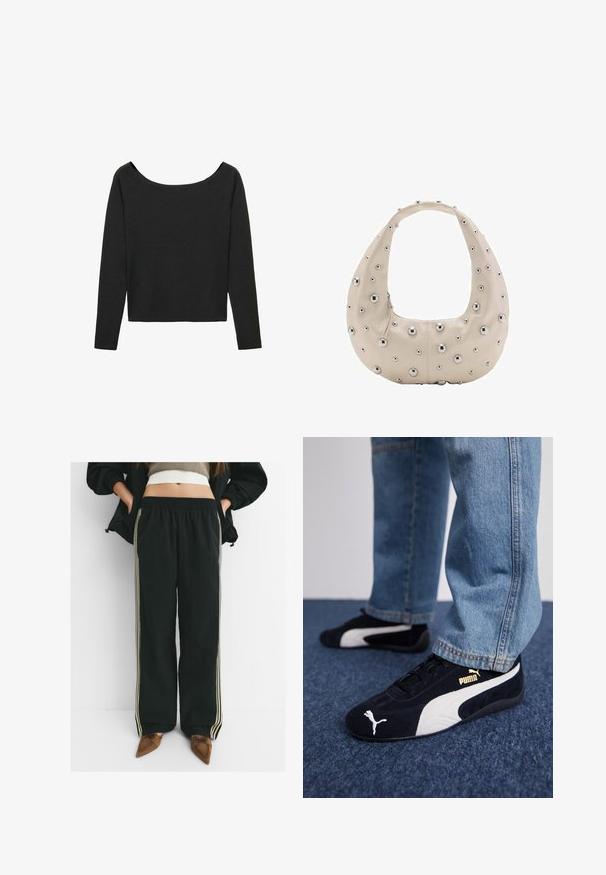 Mango Strickpullover - black; Schwarze, lässige Jogginghosen mit elastischem Bund und seitlichen Taschen, die kontrastierende, hellbeige Streifen entlang der Beine aufweisen.; Schwarze Wildledersneaker mit weißen Akzenten und einem goldenen Logo. Getragen mit hellblauen Jeans und auf einer strukturierten blauen Oberfläche platziert.; Beige Lederhandtasche in Hobo-Form mit silbernen Metallnieten in verschiedenen Größen auf der Außenseite und kontrastierendem Reißverschluss.