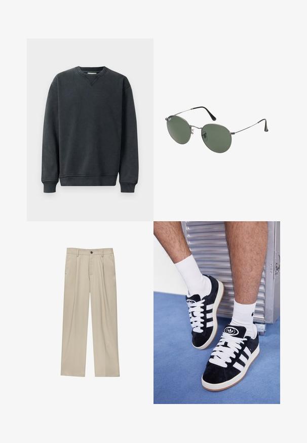 Felpa grigio scuro con scollatura a girocollo, maniche lunghe, polsini a coste e una texture liscia. Presenta un delicato dettaglio a forma di V nella scollatura.; Pantaloni beige a taglio dritto, con un solo bottone nero, passanti per la cintura e tasche laterali. Tessuto dalla texture liscia e design minimale.; Sneakers in suede nero con lacci bianchi e tre strisce bianche. Presentano un logo circolare nero sulla linguetta e una suola in gomma color gomma.; Occhiali da sole con montatura in metallo e lenti verdi ovali. Montatura sottile in metallo argento e terminali neri. Design minimalista, senza loghi visibili.