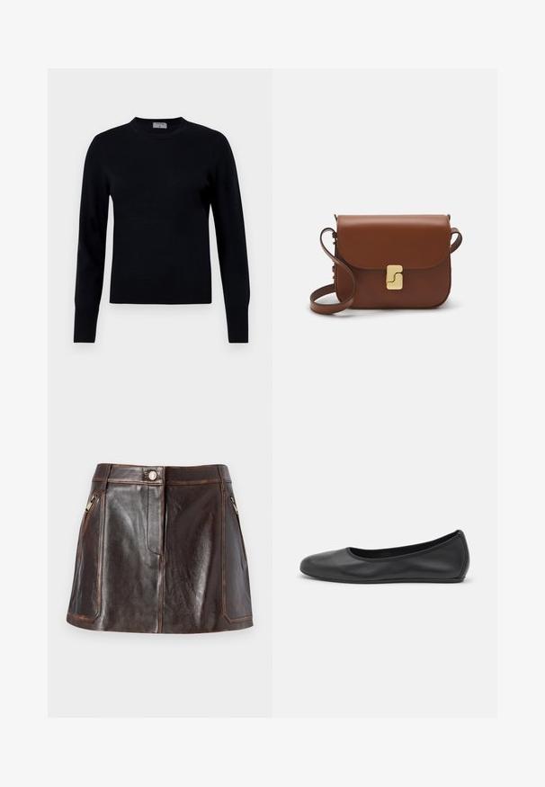 Sort striktrøje med rund hals og lange ærmer. Har en glat tekstur og ribbede manchetter, der giver en klassisk pasform og design.; Brun læder mini-nederdel med et strømlinet design, to lynlåslommer i siden og kontrasterende syninger langs kanterne.; Sort læderballetsko med rund tå, glat tekstur, minimal syning og et fleksibelt såldesign.; Brun læder håndtaske med flaplukning, hardware i gyldent tone, en skulderrem og en glat overflade. Kompakt rektangulær form.