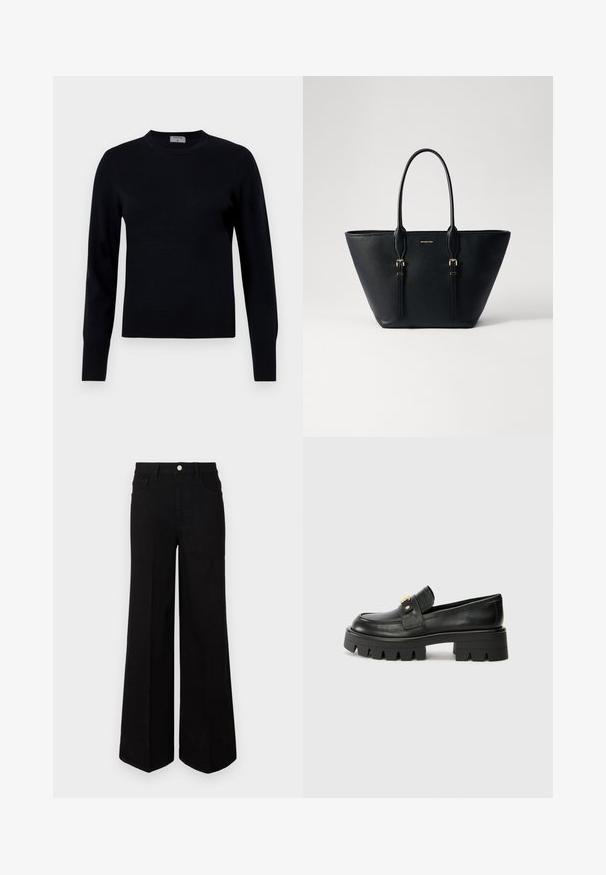 Crna pletena majica sa okruglim izrezom i dugim rukavima. Ima glatku teksturu i rebraste manžete, nudeći klasičan kroj i dizajn.; Crne široke traperice od čvrstog materijala, s visokim strukom, prednjim džepovima i prednjim kopčanjem na dugme. Ravni rub na dnu.; Crne kožne loafersice s debelim potplatom, s zlatnim akcentom sprijeda i glatkim završetkom. Debeli uzorak na potplatu.; Crna kožna torba s teksturiranim završetkom, izduženog oblika, s dvostrukim ručkama i zlatnim metalnim detaljima.