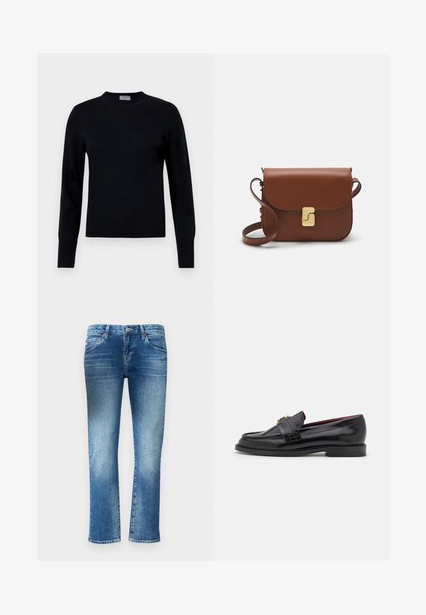 Svart stickad tröja med rund hals och långa ärmar. Har en jämn textur och ribbade muddar, vilket ger en klassisk passform och design.; Ljusblå denimjeans med rak bendesign, subtilt blekning och medelhög midja. Har fem fickor och bälteshällor.; Svarta läderloafers med ett stickat mönster, slät yta, detaljer i guldspänne och rund tå, på en låg svart sula.; Brun läderhandväska med klaffstängning, guldfärgad hårdvara, axelrem och en slät yta. Kompakt rektangulär form.