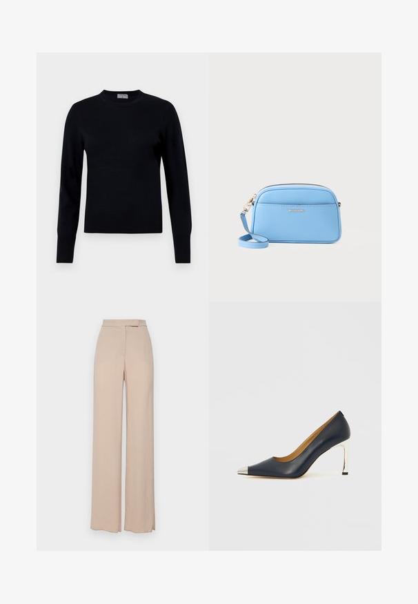 Maglione nero a maglia con collo rotondo e maniche lunghe. Presenta una texture liscia e polsini a coste, offrendo una vestibilità e un design classici.; Pantaloni beige a gamba larga realizzati in un tessuto leggero. Presentano una texture liscia, tasche anteriori e un design discreto della vita.; Scarpa con tacco alto in pelle blu navy con punta appuntita, caratterizzata da una copertura metallica argentata e un tacco a spillo argentato lucido.; Borsa a tracolla in pelle azzurro chiaro con dettagli in metallo oro, chiusura con zip e tasca frontale. Presenta un tracolla regolabile per maggiore comodità.