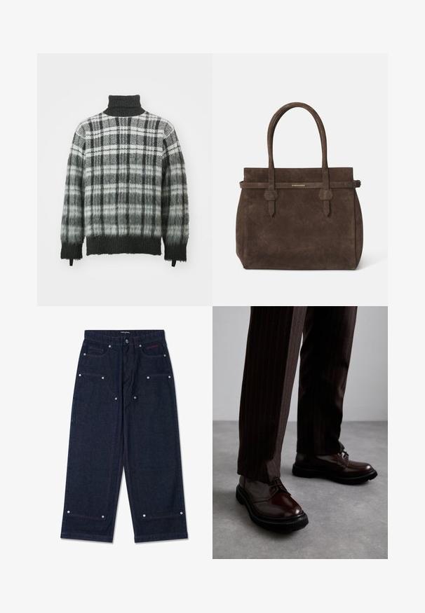 Hall ja must ruuduline kõrge kaelusega sveter, millel on pehme ja tekstureeritud viimistlus. Omab laia lõiget ja ribadega mansette. Alumine osa üleminekul värvitoonide vahel.; Valge puuvillane golfi särk ilma varrukateta, ümmarguse kaelusega, sileda tekstuuri ja sobiva lõikega, mõeldud igapäevaseks kandmiseks.; Tumedat denimit laiad püksid, millel on kaks eesmist taskut, hõbedased detailid ja kontrastsed punased õmblused. Omab nööbiga sulgemist ja brändi logo.; Pruun nahast nööbitavad kingad läikiva viimistlusega, musta kummist tallaga ja peene tikandiga. Kanda pinstriped pruunide pükstega.; Tumed pruun nubukist öksohva, millel on kaks käepidet ja horisontaalne rihm, millel on väike kuldne DSQUARED2 logo plaat.