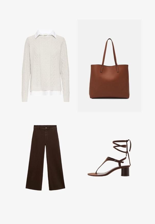 Crèmekleurige kabelgebreide trui met een witte overhemdkraag eronder. Heeft lange mouwen en geribbelde manchetten en zoom. Gestructureerd breipatroon.; Bruine wijde broek in katoenmix, met een rafelige zoom, sluiting met een knoop aan de voorkant en een klassieke vijf-pocketstijl. Minimalistisch en veelzijdig.; Bruine suède hoge hak sandaal met een driehoekige teband, enkellinten en een gestructureerde blokhak voor stabiliteit.; Bruine leren tote bag met een gladde textuur, een ontwerp met een open bovenkant en twee schouderbanden. Kenmerkt zich door minimale stiksels en geen zichtbare hardware.