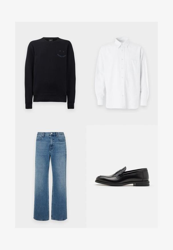 Fekete pamut pulóver, bordázott kerek nyakkivágással, hosszú ujjakkal és egy kis sötétkék logóval a mellkason.; Fehér gombos ing, gallérral, finom függőleges csíkokkal, hosszú ujjal, mellzsebekkel és klasszikus kerekített aljjal.; Széles lábú, koptatott kék farmernadrág. Öt zsebből, elülső gombos záródásból és egyenes szabásból áll.; Fekete bőr loaferek sima textúrával, kerek orral és dekoratív pánttal a vampnál. Alacsony, rétegelt sarkú, minimalista dizájn.