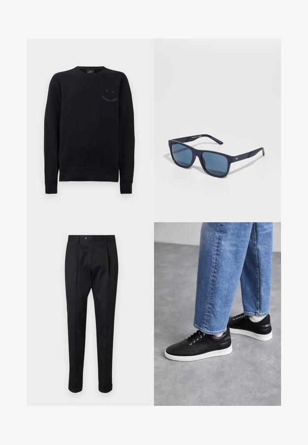 Sudadera negra de algodón, con un cuello redondo acanalado, mangas largas y un pequeño logo en azul marino en el pecho.; Pantalones negros de tejido suave, con un pliegue en la parte delantera, cierre de botón y puños enrollados en el tobillo.; Zapatillas de cuero negras con suelas de goma blancas, con cordones redondos, superficie suave y un discreto logo en el talón. Combinadas con jeans azules.; Gafas de sol rectangulares azules con lentes oscuros, montura mate de color navy, detalle del logo en la patilla, varillas rectas y una textura sólida y suave.