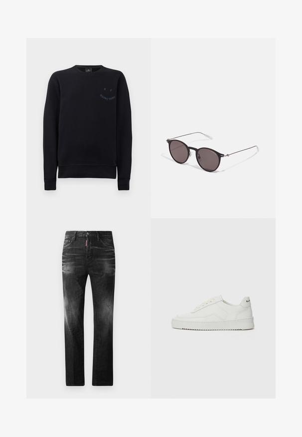 Black sweatshirt made of cotton, featuring a ribbed crew neckline, long sleeves, and a small logo in dark blue on the chest.; Black denim jeans with a straight fit. Features faded areas, minor distressing, classic five-pocket design, and a button closure.; White leather sneaker with a smooth finish, round toe, flat laces, and a textured sole. Features a subtle logo on the heel.; Black round sunglasses with dark lenses and slim metal arms. Includes clear temple tips and silver accents at the hinge. Minimalist design.