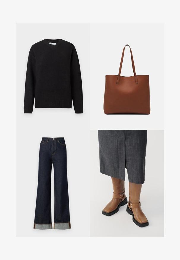 Suéter negro de cuello en V en una suave mezcla de lana, con mangas largas y puños y dobladillo acanalados. Diseño simple y clásico sin patrones ni acentos.; Vero Moda VMTESSA WIDE FOLD UP - Pernera ancha - dark blue denim; Botas de cuero marrón hasta la rodilla con punta cuadrada, suela de goma negra y detalle de correa ajustable con hebilla. Llevadas con una falda gris de rayas.; Bolso tote de cuero marrón con una textura suave, diseño de apertura superior y dos correas para el hombro. Presenta una costura mínima y sin herrajes visibles.