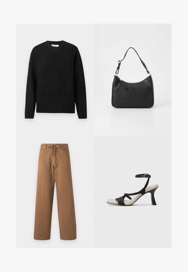 Czarny sweter z dekoltem w serek, wykonany z miękkiej mieszanki wełny, z długimi rękawami oraz ściągaczami przy mankietach i dolnym brzegu. Prosty, klasyczny fason bez wzorów czy akcentów.; Brązowe spodnie o szerokich nogawkach wykonane z bawełny, z elastycznym paskiem w talii i dwoma przednimi kieszeniami. Teksturowana tkanina o gładkim wykończeniu.; Czarne sandały na obcasie z plecionym paskiem, kwadratowym noskiem i regulowanym paskiem na kostkę. Jasnobeżowa wkładka z błyszczącym czarnym obcasem.; Czarna skórzana torebka o zaokrąglonym kształcie, z pojedynczym uchwytem, zamknięciem na zamek błyskawiczny oraz subtelnym logo z przodu. Gładka faktura, minimalistyczny design.