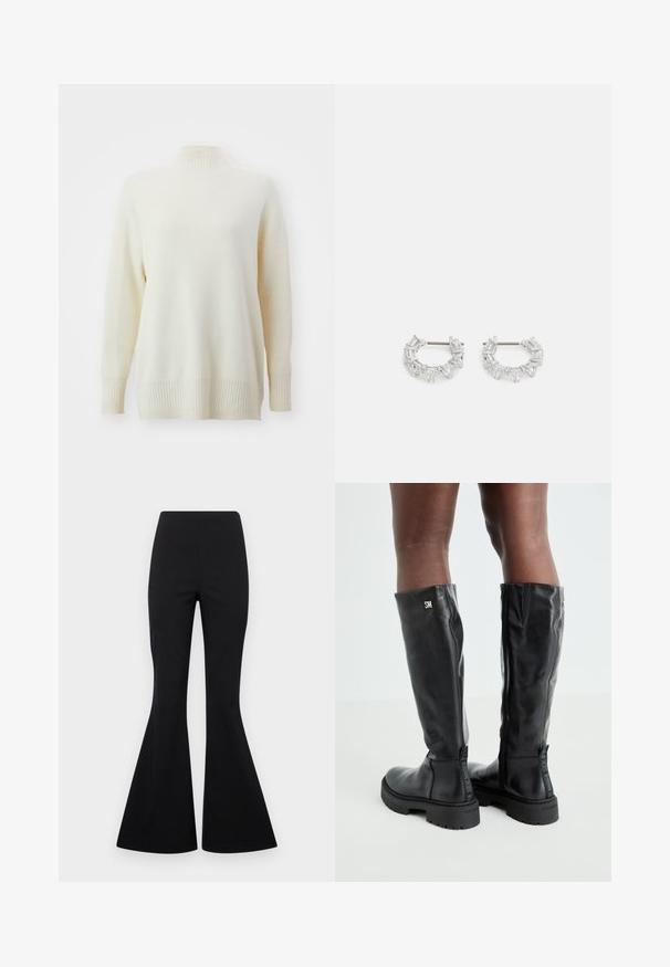 Kreemikas turtleneck-sviiter ribatud kaela- ja varrukaotsadega. Pehme tekstuur, lõdva istuvusega ja külgedel servad. Valmistatud kergest kangast.; Mustad laiad püksid, mis on valmistatud venivast kangast, millel on sile tekstuur, ning kõrgema vöökoha ja laia, kellukesena avarduva säärekujundusega.; Mustad põlvikõrgused mustad nahast saapad, millel on sile tekstuur, ümar varvas, paks põhi ja tõmblukk. Küljel on hõbedane logo.; Hõbedased rõngakõrvarõngad, millel on selged, ristkülikukujulised ja kolmnurkse kujuga kristallid, mis on paigutatud mustriga disaini. Kõrvarõngaid kinnitavad postid, et tagada kindel kinnitamine.