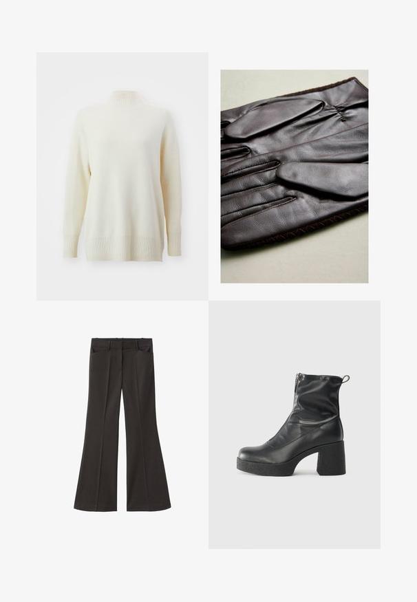 Kremowy sweter z golfem, z prążkowanym kołnierzem i mankietami. Miękka faktura, luźny krój i boczne rozcięcia na dole. Wykonany z lekkiego materiału.; Czarne spodnie z szerokimi nogawkami i wysokim stanem; posiadają dwie przednie kieszenie oraz gładką teksturę materiału. Idealne na różne okazje.; Czarne botki za kostkę wykonane z gładkiej skóry, wyposażone w boczny zamek błyskawiczny, masywny teksturowany obcas oraz zaokrąglony czubek.; Brązowe skórzane rękawiczki o gładkiej fakturze, z pięcioma palcami, elastycznym nadgarstkiem i ozdobnym przeszyciem wzdłuż krawędzi.
