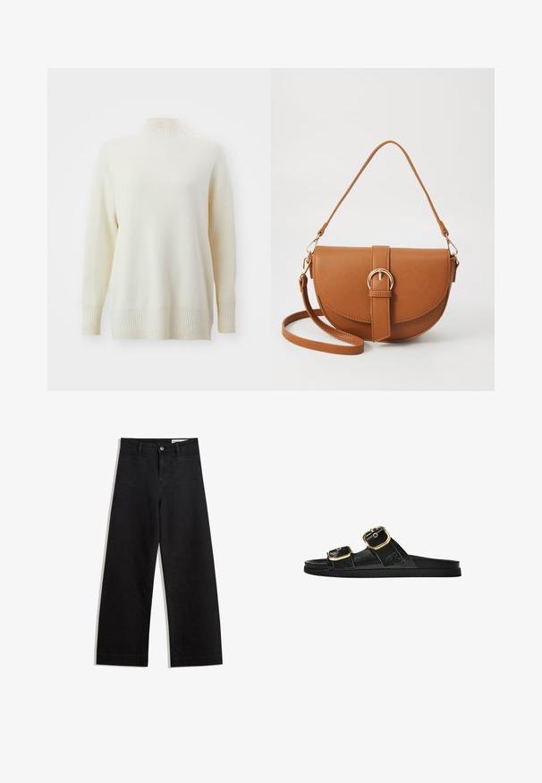 Cremfarbener Rollkragenpullover mit geripptem Kragen und Bündchen. Weiche Textur, lockere Passform und seitliche Schlitze am Saum. Hergestellt aus einem leichten Stoff.; Schwarze weit geschnittene Jeans mit hoher Taille, ausgestattet mit Vorder- und Hintertaschen, gesteppten Nähten und einem Knopfverschluss. Glatte Textur.; Schwarze Riemensandale mit zwei goldenen Schnallendetails, glattem Material, flachem Sohlen und minimalistischer Gestaltung.; Braune Leder-Crossbody-Tasche mit geschwungener Form, goldfarbenen Beschlägen und einer Schnallenakzentuierung. Verfügt über einen abnehmbaren Schultergurt.